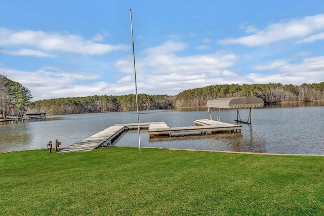 view of dock featuring a water view and a lawn