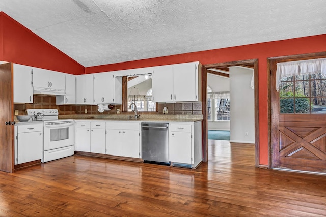 kitchen featuring lofted ceiling, dark wood-type flooring, white cabinetry, white electric range oven, and stainless steel dishwasher