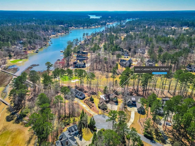 birds eye view of property with a forest view and a water view