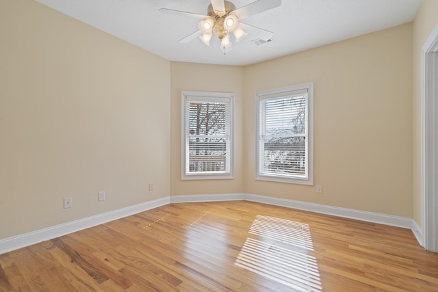 unfurnished room featuring visible vents, ceiling fan, baseboards, and light wood-style floors