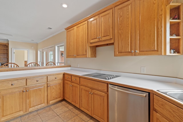 kitchen with dishwasher, light countertops, black electric stovetop, and ornamental molding