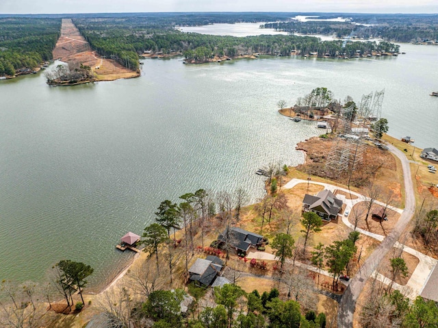 bird's eye view featuring a wooded view and a water view