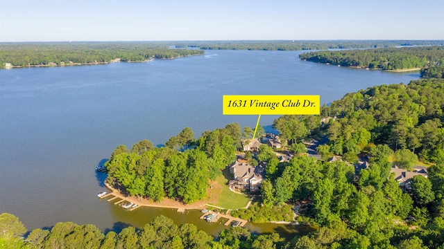 bird's eye view featuring a wooded view and a water view