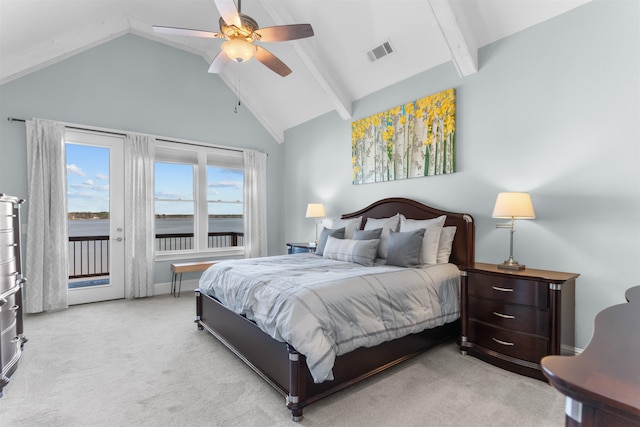 carpeted bedroom with visible vents, beamed ceiling, high vaulted ceiling, a ceiling fan, and access to outside