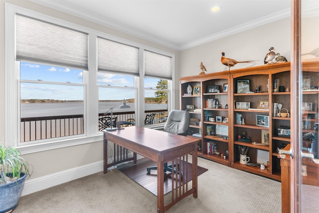 carpeted home office featuring baseboards and ornamental molding