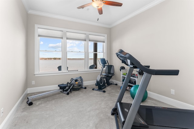 exercise area with carpet flooring, baseboards, ornamental molding, and a ceiling fan