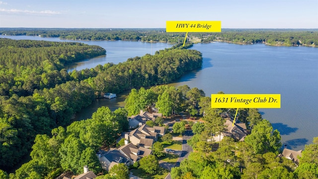 birds eye view of property featuring a view of trees and a water view