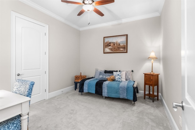 bedroom with light colored carpet, baseboards, and ornamental molding