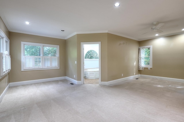 243 Riverbend Dr, Eatonton, GA 31024 - unfurnished room featuring light colored carpet, a ceiling fan, plenty of natural light, recessed lighting, and crown molding