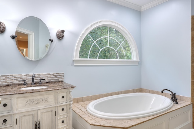 243 Riverbend Dr, Eatonton, GA 31024 - full bath featuring a bath, vanity, crown molding, and decorative backsplash