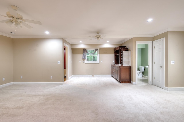 243 Riverbend Dr, Eatonton, GA 31024 - unfurnished living room featuring a ceiling fan, recessed lighting, ornamental molding, and light carpet
