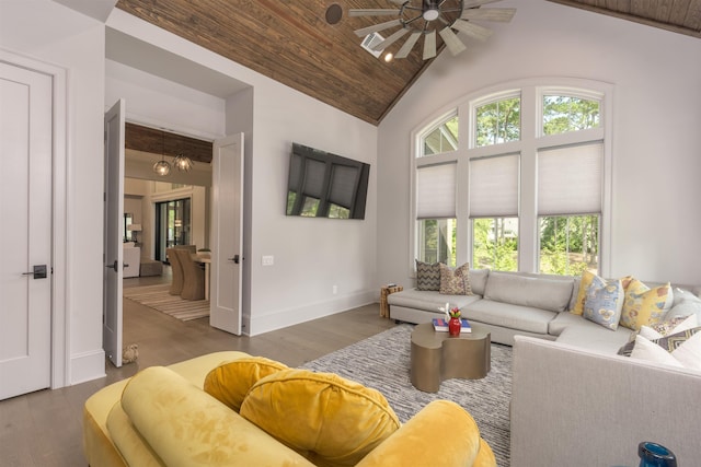 living room with ceiling fan, dark hardwood / wood-style floors, wooden ceiling, and high vaulted ceiling