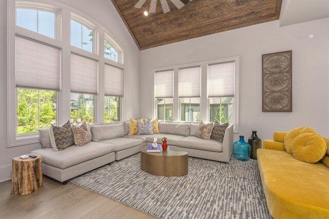 living room with high vaulted ceiling, hardwood / wood-style floors, and wooden ceiling