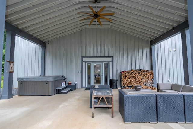 exterior space featuring an outdoor hangout area, a hot tub, and ceiling fan