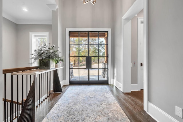 doorway featuring dark hardwood / wood-style flooring and ornamental molding