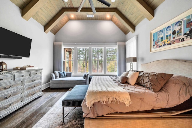 bedroom featuring dark hardwood / wood-style flooring, wood ceiling, high vaulted ceiling, and beamed ceiling