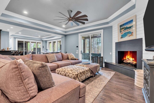 living room featuring hardwood / wood-style floors, a tray ceiling, a fireplace, and a wealth of natural light