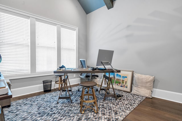 1191 Sugar Run, Greensboro, GA 30642 - office area featuring wood finished floors, vaulted ceiling, and baseboards