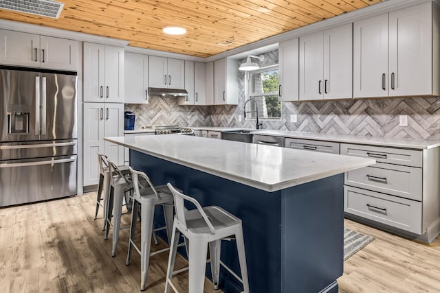 kitchen with a kitchen bar, visible vents, a sink, stainless steel fridge with ice dispenser, and wooden ceiling