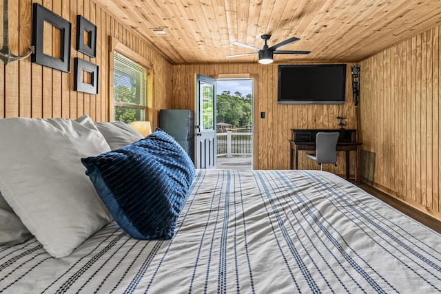 bedroom featuring access to outside, wood walls, ceiling fan, and wooden ceiling