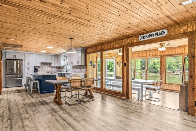 307 Lakeview Dr, Milledgeville, GA 31061 - dining space with a ceiling fan, wood ceiling, wood walls, and wood finished floors