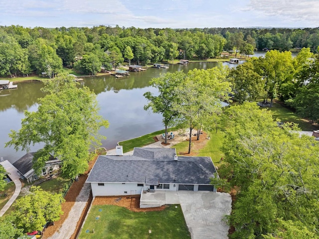 birds eye view of property with a water view and a forest view