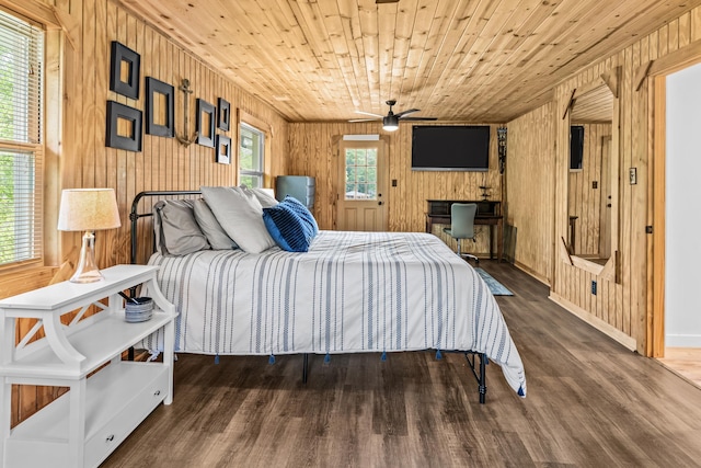 bedroom featuring wooden walls, wood ceiling, baseboards, and wood finished floors