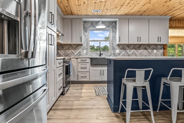 kitchen with a breakfast bar area, wooden ceiling, a sink, backsplash, and stainless steel appliances