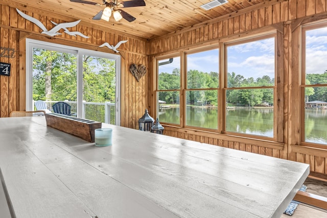 sunroom / solarium featuring visible vents, wood ceiling, a water view, and wooden walls