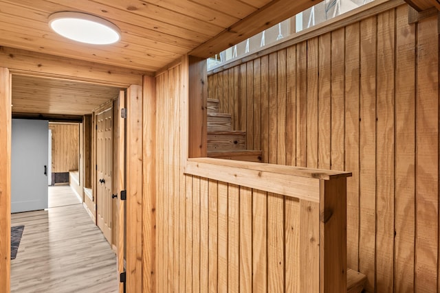 hallway featuring wood walls, wood finished floors, and wooden ceiling