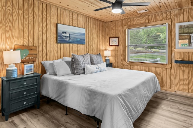 bedroom featuring wooden walls, wooden ceiling, wood finished floors, and visible vents