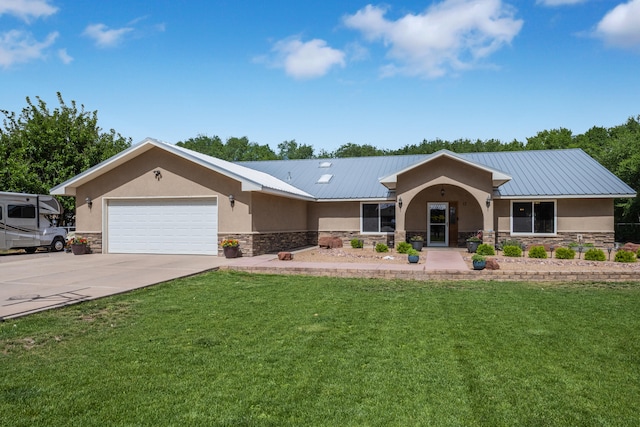 ranch-style home with a front lawn and a garage