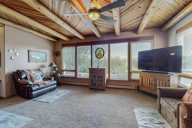 living room with carpet flooring, wooden ceiling, ceiling fan, and beamed ceiling