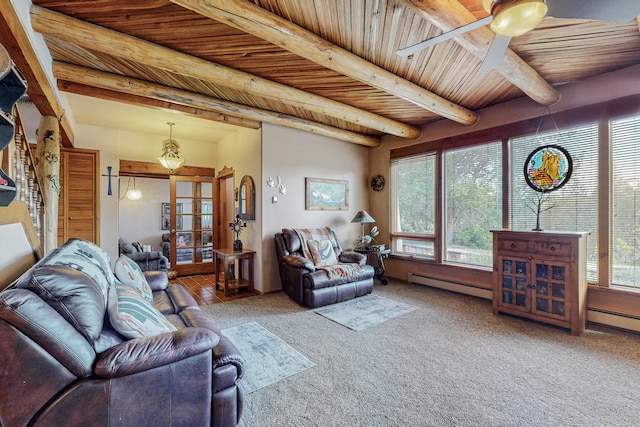 carpeted living room featuring baseboard heating, ceiling fan, beam ceiling, wood ceiling, and french doors