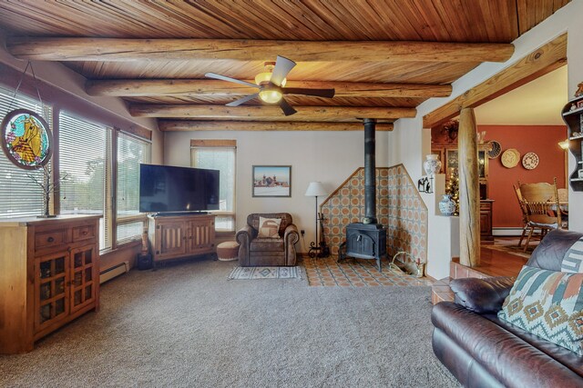 living room with ceiling fan, a wood stove, beamed ceiling, a baseboard radiator, and dark colored carpet