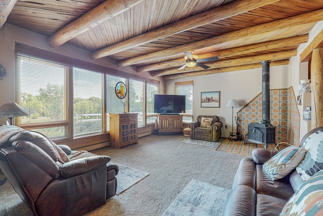 living room featuring wooden ceiling, ceiling fan, beamed ceiling, dark carpet, and a wood stove