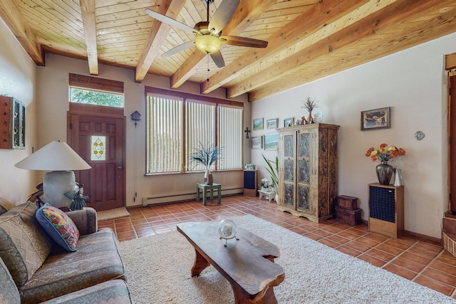 tiled living room featuring baseboard heating, wooden ceiling, ceiling fan, and beamed ceiling