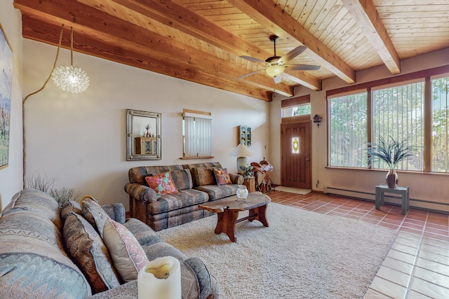 living room featuring light tile flooring, wooden ceiling, beamed ceiling, ceiling fan with notable chandelier, and a baseboard radiator