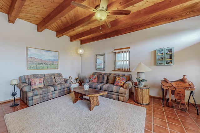 tiled living room featuring ceiling fan, wood ceiling, and beam ceiling