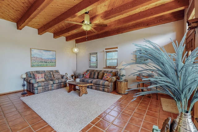 tiled living room with wood ceiling, ceiling fan, and beamed ceiling