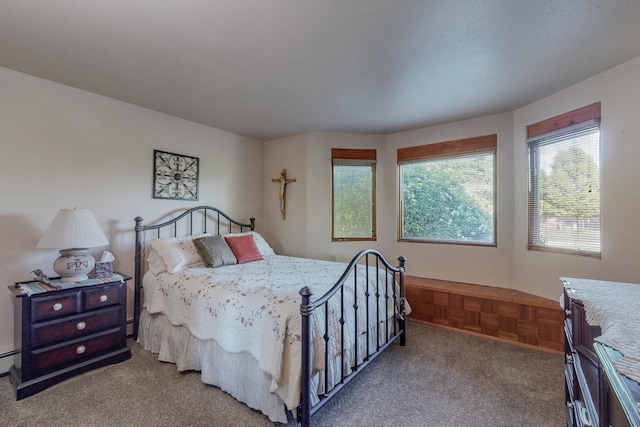 bedroom with dark colored carpet and baseboard heating