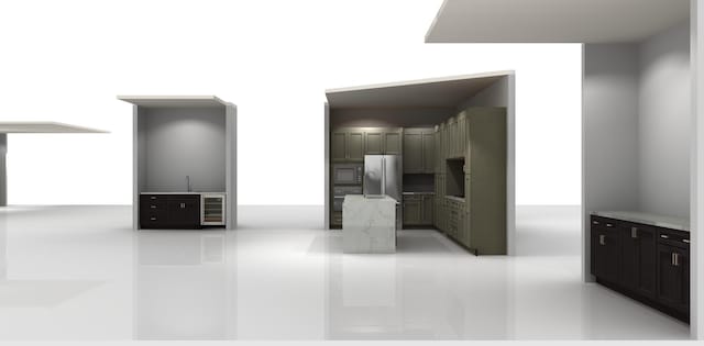 kitchen featuring black microwave, beverage cooler, and stainless steel refrigerator