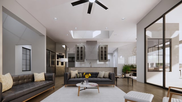 living room with hardwood / wood-style floors and ceiling fan