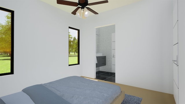 bedroom featuring connected bathroom and ceiling fan