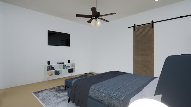 bedroom featuring a barn door and ceiling fan