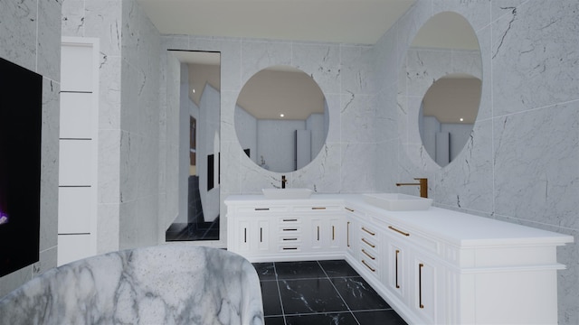 bathroom with vanity and tile walls