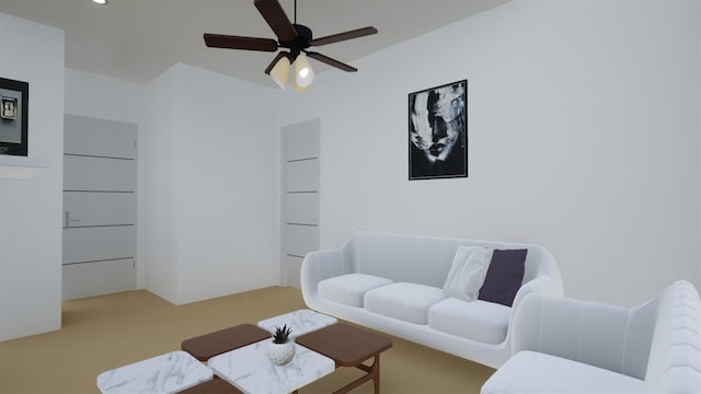 carpeted living room featuring built in features and ceiling fan