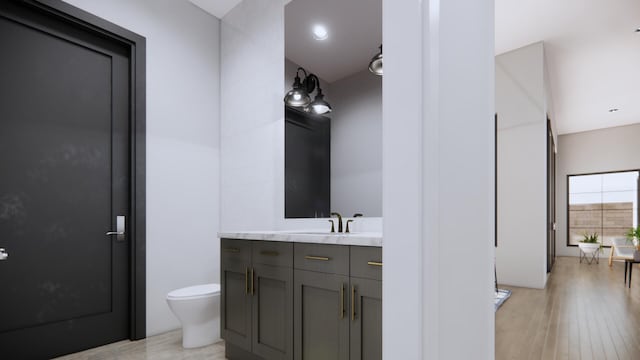 bathroom featuring vanity, toilet, and hardwood / wood-style floors