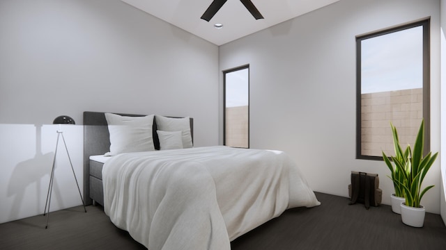 carpeted bedroom featuring ceiling fan