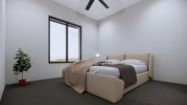 carpeted bedroom featuring lofted ceiling and ceiling fan